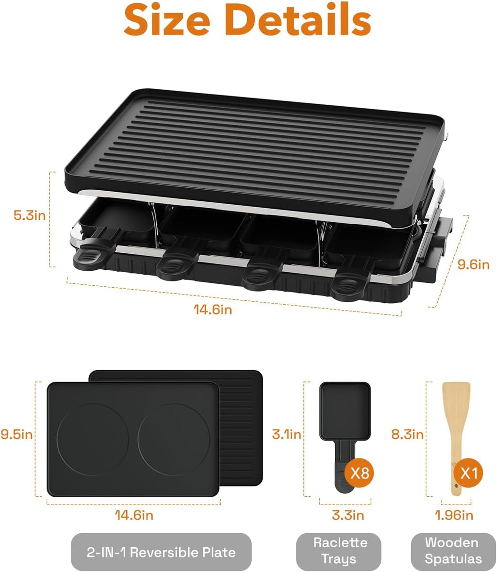 Electric Raclette Table Grill with 8 Warming Trays, 2-in-1 Korean BBQ Grill & Electric Griddle Nonstick, Adjustable Temperature Control,1300W, Great for Indoor Family Gatherings, Parties & Dining