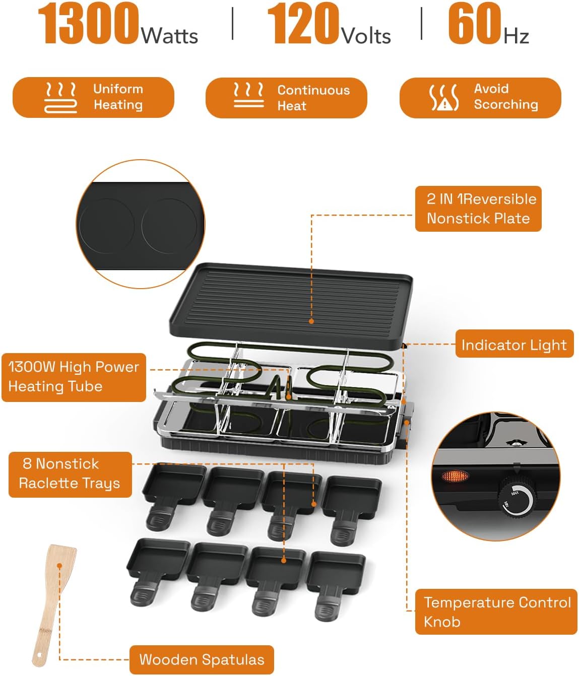 Electric Raclette Table Grill with 8 Warming Trays, 2-in-1 Korean BBQ Grill & Electric Griddle Nonstick, Adjustable Temperature Control,1300W, Great for Indoor Family Gatherings, Parties & Dining