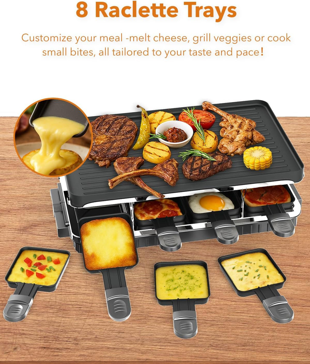 Electric Raclette Table Grill with 8 Warming Trays, 2-in-1 Korean BBQ Grill & Electric Griddle Nonstick, Adjustable Temperature Control,1300W, Great for Indoor Family Gatherings, Parties & Dining