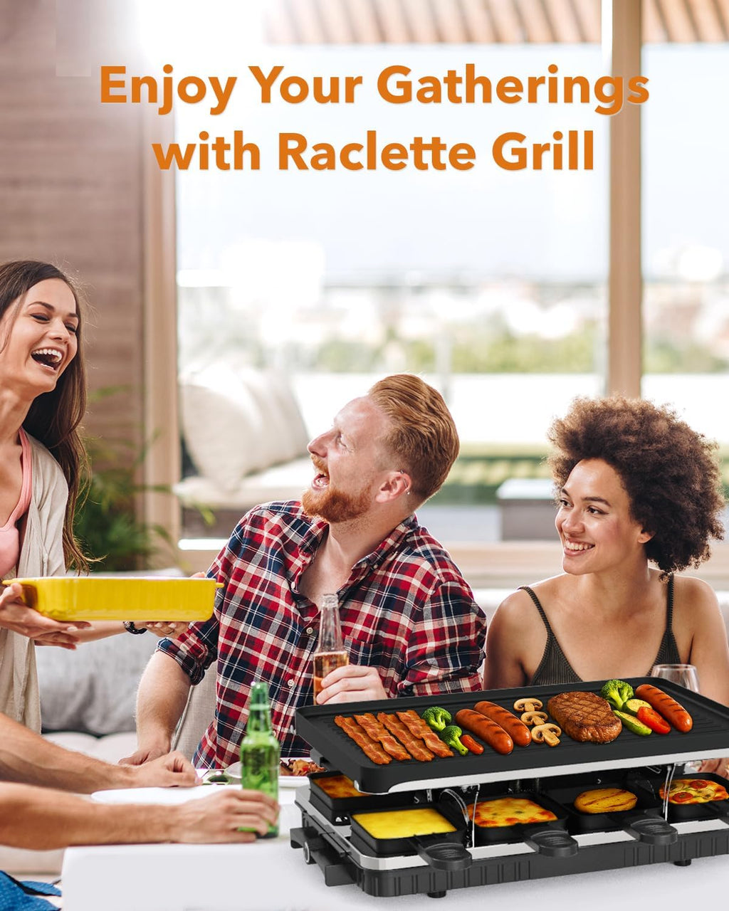Electric Raclette Table Grill with 8 Warming Trays, 2-in-1 Korean BBQ Grill & Electric Griddle Nonstick, Adjustable Temperature Control,1300W, Great for Indoor Family Gatherings, Parties & Dining