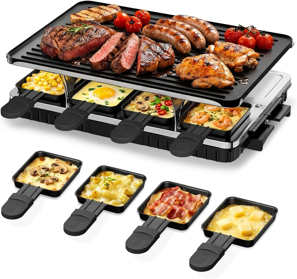 Electric Raclette Table Grill with 8 Warming Trays, 2-in-1 Korean BBQ Grill & Electric Griddle Nonstick, Adjustable Temperature Control,1300W, Great for Indoor Family Gatherings, Parties & Dining