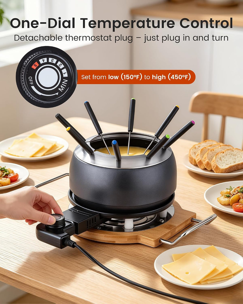 2-in-1 Electric Fondue Pot & Indoor Grill Set, 1200W Nonstick Griddle with Detachable Thermostat, 2.8L Nonstick Fondue Pot for Cheese Chocolate Broth, 8 Forks & Lid Included, for Family Party