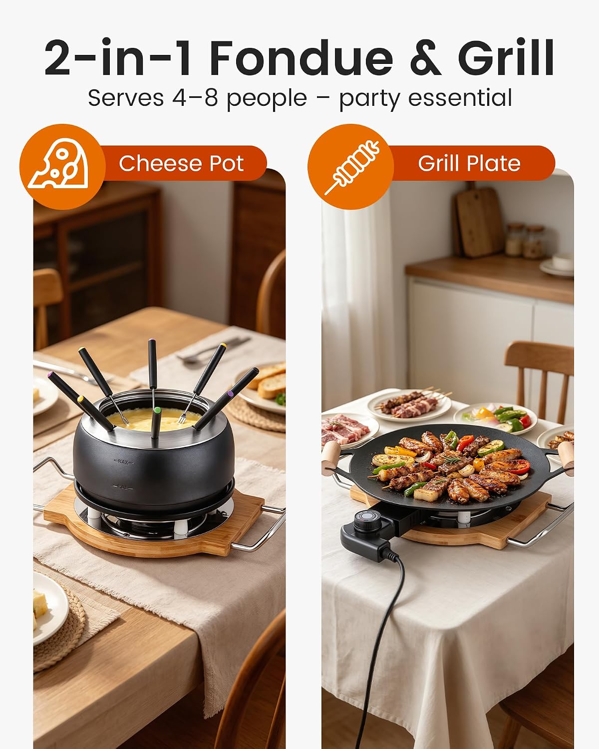 2-in-1 Electric Fondue Pot & Indoor Grill Set, 1200W Nonstick Griddle with Detachable Thermostat, 2.8L Nonstick Fondue Pot for Cheese Chocolate Broth, 8 Forks & Lid Included, for Family Party