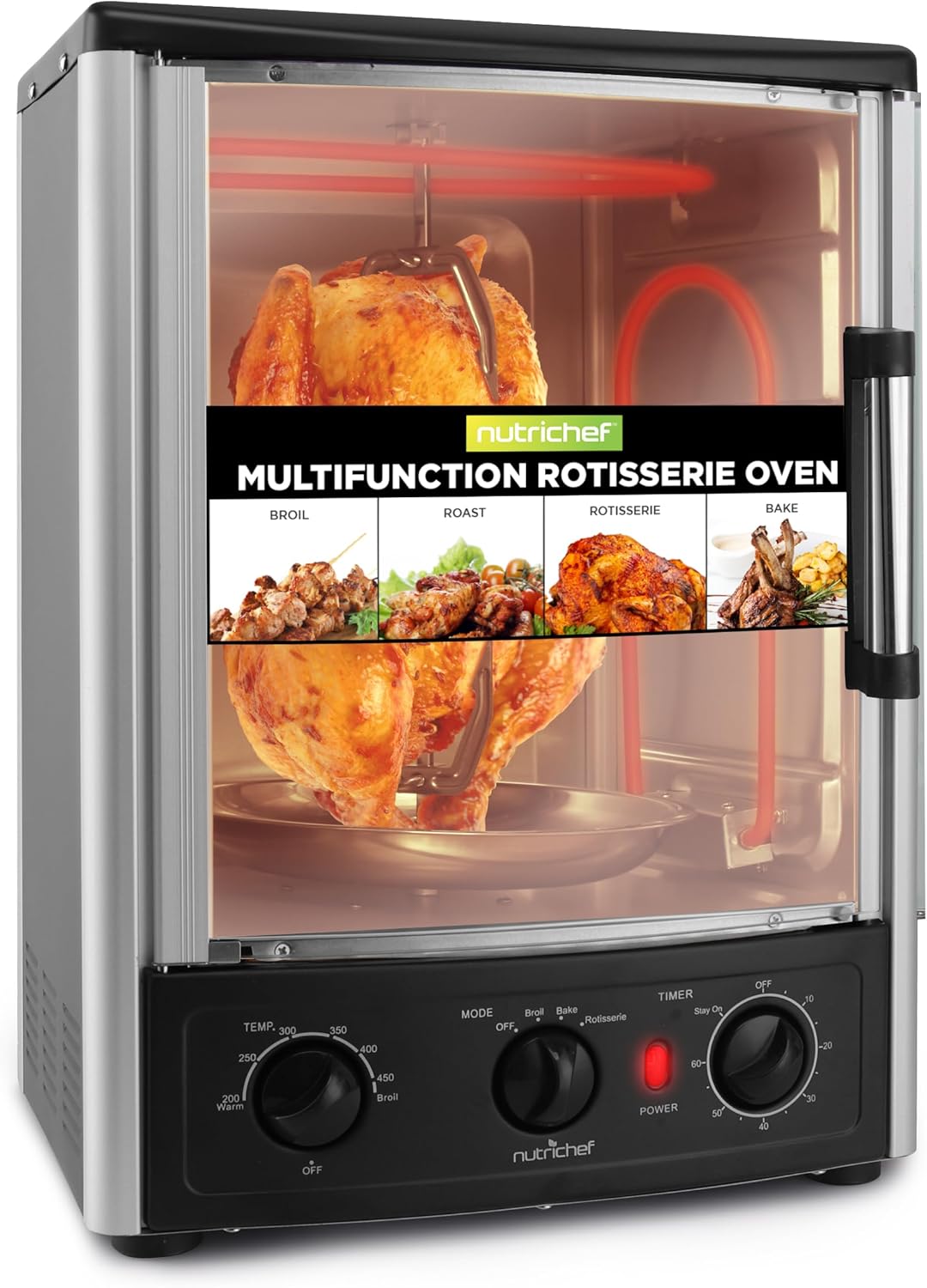 Vertical Countertop Oven with Rotisserie, Bake, Broil, & Kebab Rack Functions - Adjustable Settings - 2 Shelves - 1500W - Thanksgiving Turkey - Includes Grill, Kebab skewer racks & bake pan