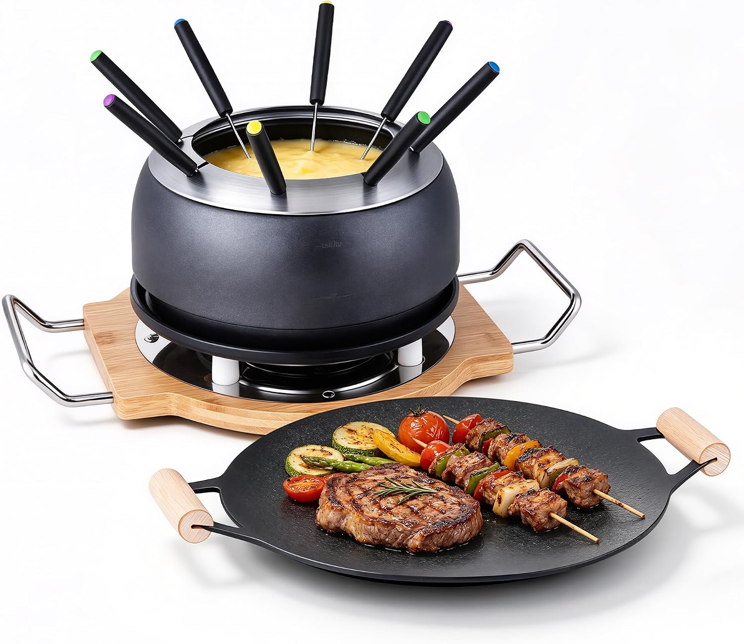 2-in-1 Electric Fondue Pot & Indoor Grill Set, 1200W Nonstick Griddle with Detachable Thermostat, 2.8L Nonstick Fondue Pot for Cheese Chocolate Broth, 8 Forks & Lid Included, for Family Party