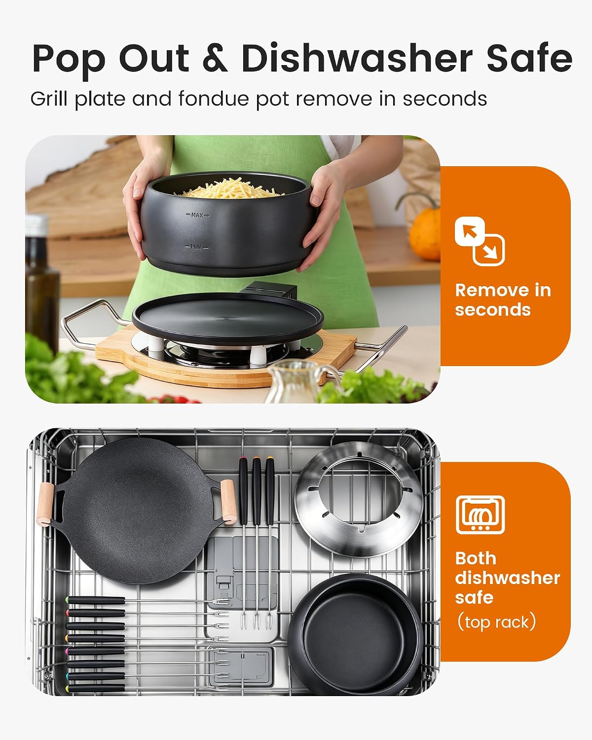 2-in-1 Electric Fondue Pot & Indoor Grill Set, 1200W Nonstick Griddle with Detachable Thermostat, 2.8L Nonstick Fondue Pot for Cheese Chocolate Broth, 8 Forks & Lid Included, for Family Party